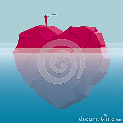 Businessman holding a telescope observing at sea.Standing on a heart shaped stone. Vector Illustration